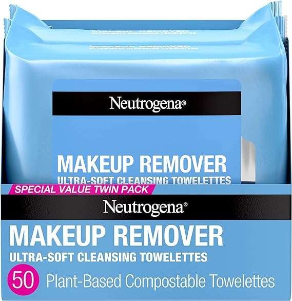 Neutrogena Cleansing Fragrance Free Makeup Remover Face Wipes, Cleansing Facial Towelettes for Waterproof Makeup, Alcohol-Free, Unscented, 100% Plant-Based Fibers, Twin Pack, 2 x 25 ct